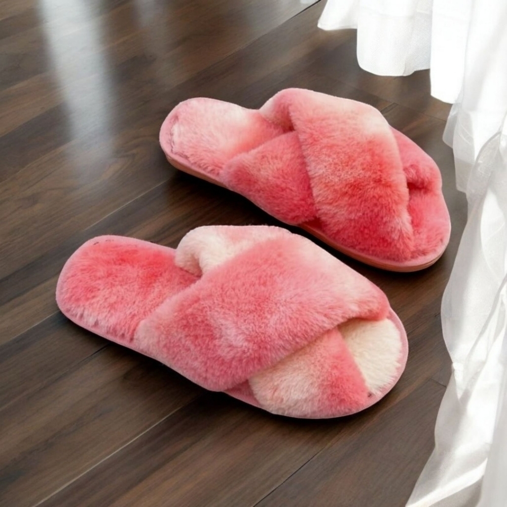 NWT Pink Sherbert Fuzzy Slippers 8 8.5 - Picture 3 of 6